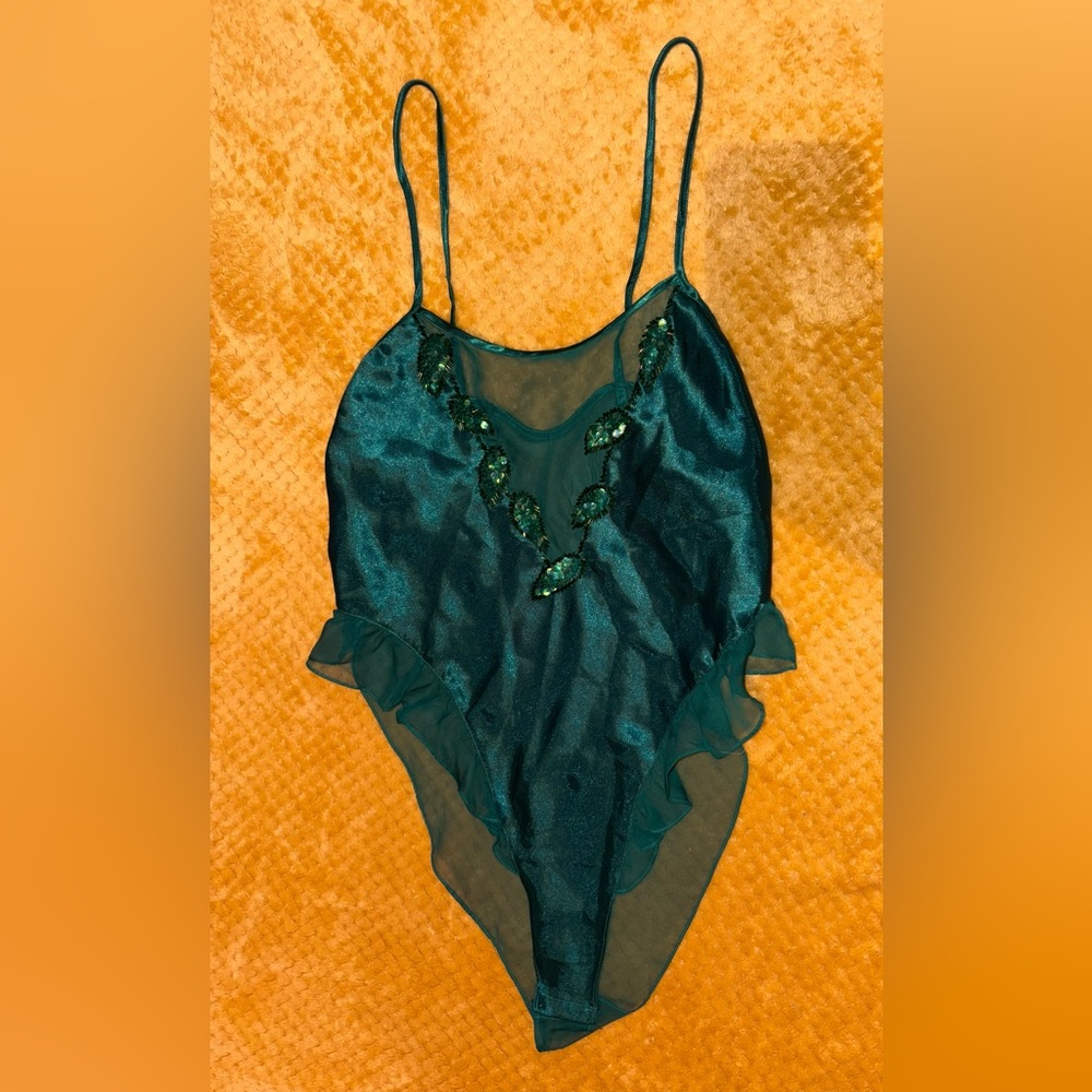 Vintage Victoria's Secret Emerald Embellished Sheer Teddy